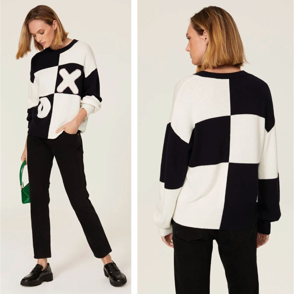 STAUD Womens Tic Tac Toe Sweater Black White Pullover Wool Blend Size‎ XL
